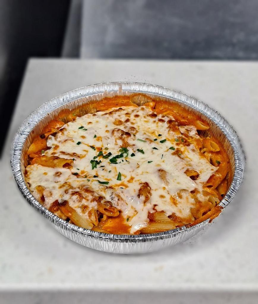 Baked Ziti · Pasta baked in the oven with tomato sauce,pene and mozzarella cheese 