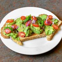 Avocado Toast With 2 Poached Eggs · Multi Grain Toast with Smashed Avocado, chopped tomatoes & red onion & 2 poached eggs