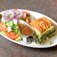 Spinach Pie with Greek Salad · Dressing is served on the side. 