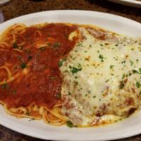 Veal Parmigiana · Served with choice of pasta, soup or salad. 