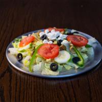 Greek Salad · Romaine, Green peppers, Tomatoes, Red Onion, Cucumbers, Kalamata olives, Feta cheese, House ...