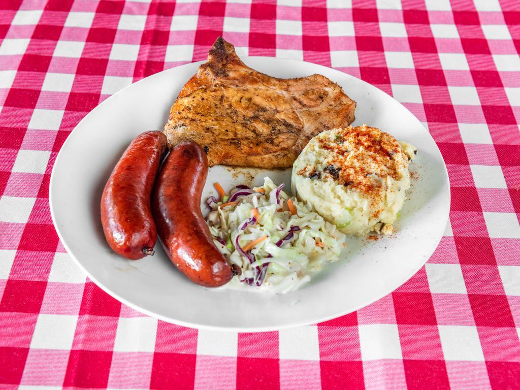 2 Meat Plate w/2 sides · Comes with BBQ sauce, pickles, onions and bread.