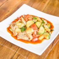 Sweet and Sour Stir Fry · Pad preaw whan. Stir-fried garlic with bell peppers, onions, pineapple, cucumber, tomatoes, ...