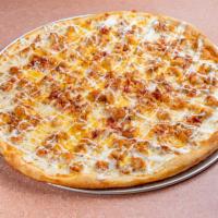 Chicken Bacon Ranch Pizza · Breaded chicken mixed with ranch dressing topped with mozzarella and cheddar cheese and bacon 