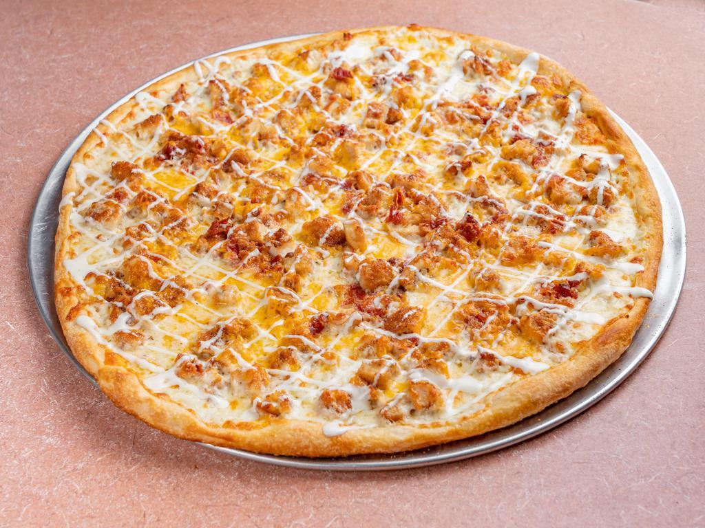 Chicken Bacon Ranch Pizza · Breaded chicken mixed with ranch dressing topped with mozzarella and cheddar cheese and bacon 