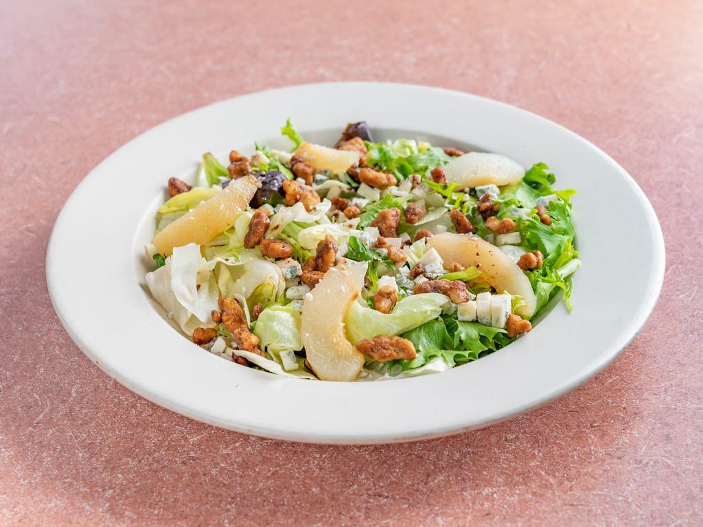 Pear Salad · Mixed greens, walnuts, pears, Gorgonzola, and vinaigrette.