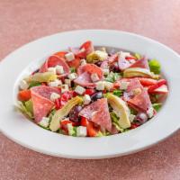 Antipasto Salad · Romaine lettuce, tomato, roasted peppers, olives, artichokes, salami, fresh mozzarella, and ...