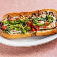 The Big Business · Breaded eggplant with fresh mozzarella, broccoli rabe, roasted pepper, and balsamic glaze.