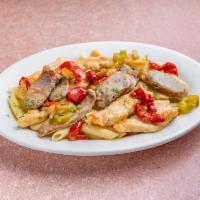 Chicken Scarpariello · Chicken, sausage, peppers, garlic, and white wine sauce.