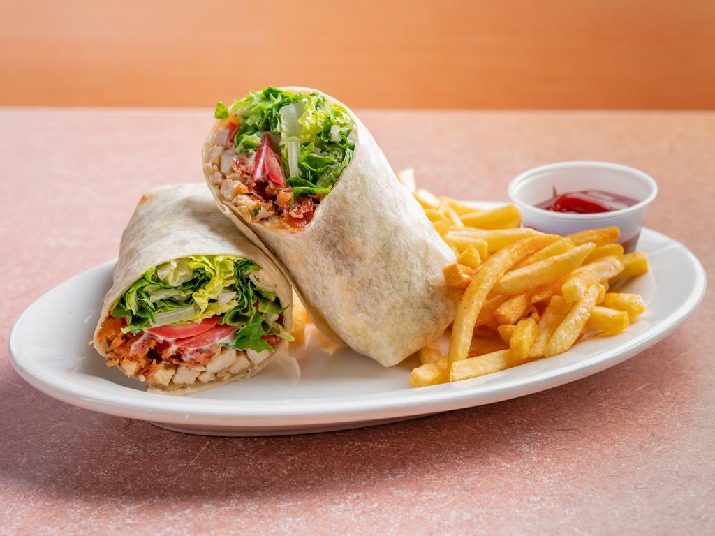 Chicken Club Wrap · Grilled chicken, lettuce, tomato, and bacon with mayonnaise.