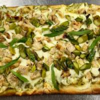 Pesto Chicken Flatbread · Grill chicken, pesto, asparagus, imported cheese, tarragon.