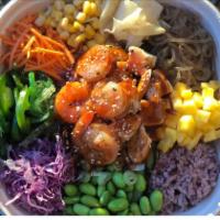 Surf N Turf · Rice, sweet potato noodles, chicken, shrimp, carrots, cucumbers, edamame, pickled ginger, se...