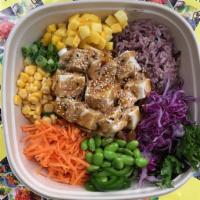 Vegan Glow · Rice, mixed greens, tofu (2 portions), carrots, cucumbers, edamame, green onion, purple cabb...