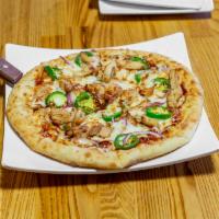 BBQ Chicken Pizza · Mozzarella, BBQ sauce, fresh jalapenos, grilled chicken, red onion.