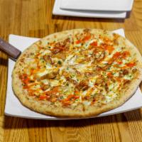 Buffalo Chicken Pizza · Cream, mozzarella, blue cheese, seared chicken, Buffalo sauce.