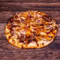BBQ Chicken Pizza · Thin crust, BBQ sauce, chicken, red onion, bacon, jalapeno, cheddar, mozzarella cheese.