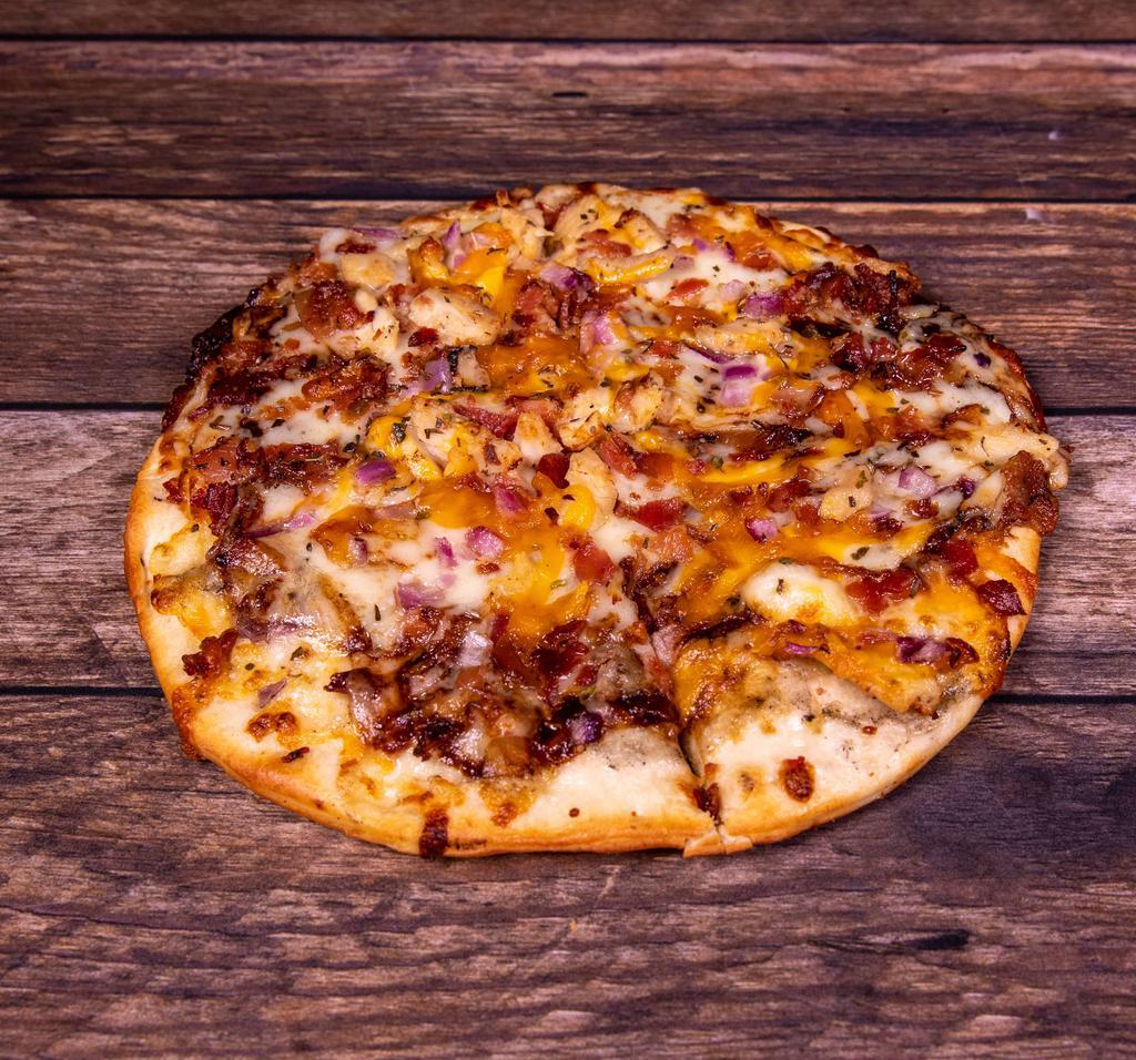 BBQ Chicken Pizza · Thin crust, BBQ sauce, chicken, red onion, bacon, jalapeno, cheddar, mozzarella cheese.