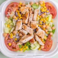 Caros's Super Salad · Chicken breast or steak salad. Fresh lettuce, tomatoes, onions, sweet corn, chick peas, carr...