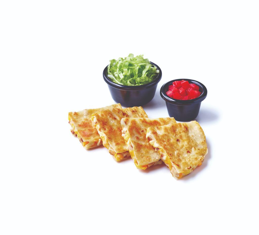 Kid's Chicken Quesadilla · A flour tortilla filled with chicken and ooey, gooey melted Cheddar cheese. Served with lettuce and tomatoes.