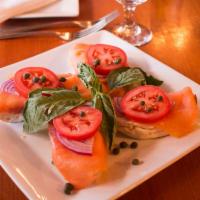 Norwegian Smoked Salmon Platter Brunch · Toasted bagel, cream cheese, capers and red onions.