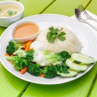 Khao Man Veggie (Peanut Sauce) · Rice (Khao man) served with steam mix veggie and peanut sauce