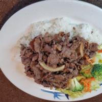 Beef Teriyaki Plate · Teriyaki beef, white rice, steamed veggies (cabbage, shredded carrots, shredded broccoli)