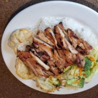 Chicken with Pot Sticker Combination Plate · Teriyaki chicken, white rice, steamed veggies (cabbage, shredded carrots, shredded broccoli)...