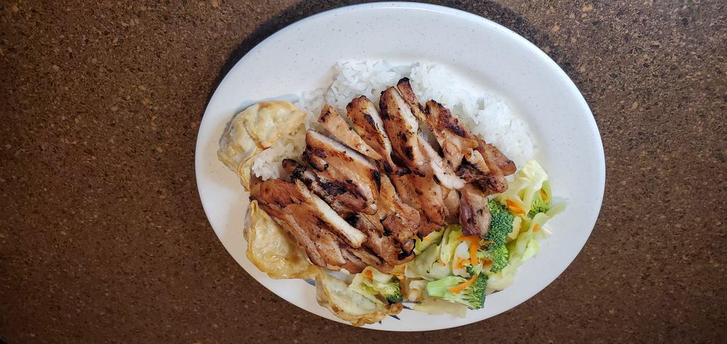 Chicken with Pot Sticker Combination Plate · Teriyaki chicken, white rice, steamed veggies (cabbage, shredded carrots, shredded broccoli), pot stickers