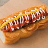 DOWNTOWN · smoked bacon wrapped dog, caramelized onions, pickled peppers, mayo, mustard, ketchup