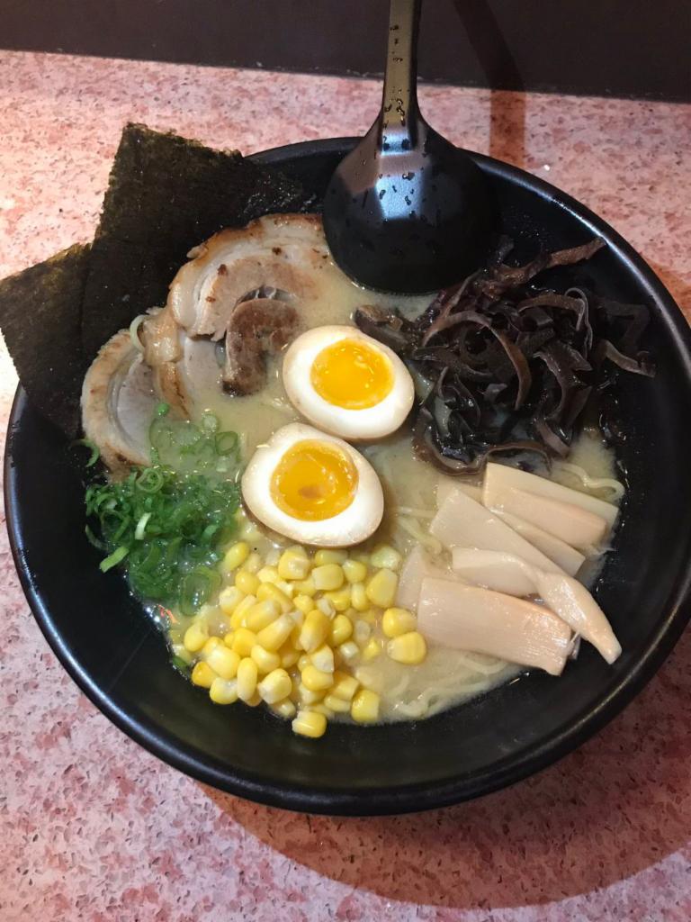 Tonkatsu Ramen · Our most popular ramen is made from a slow-simmered pork-based bone broth by boiling ground up pork bones. Simmered for over 10 hours, the richness of the pork bones will bring joy to your tastebuds.