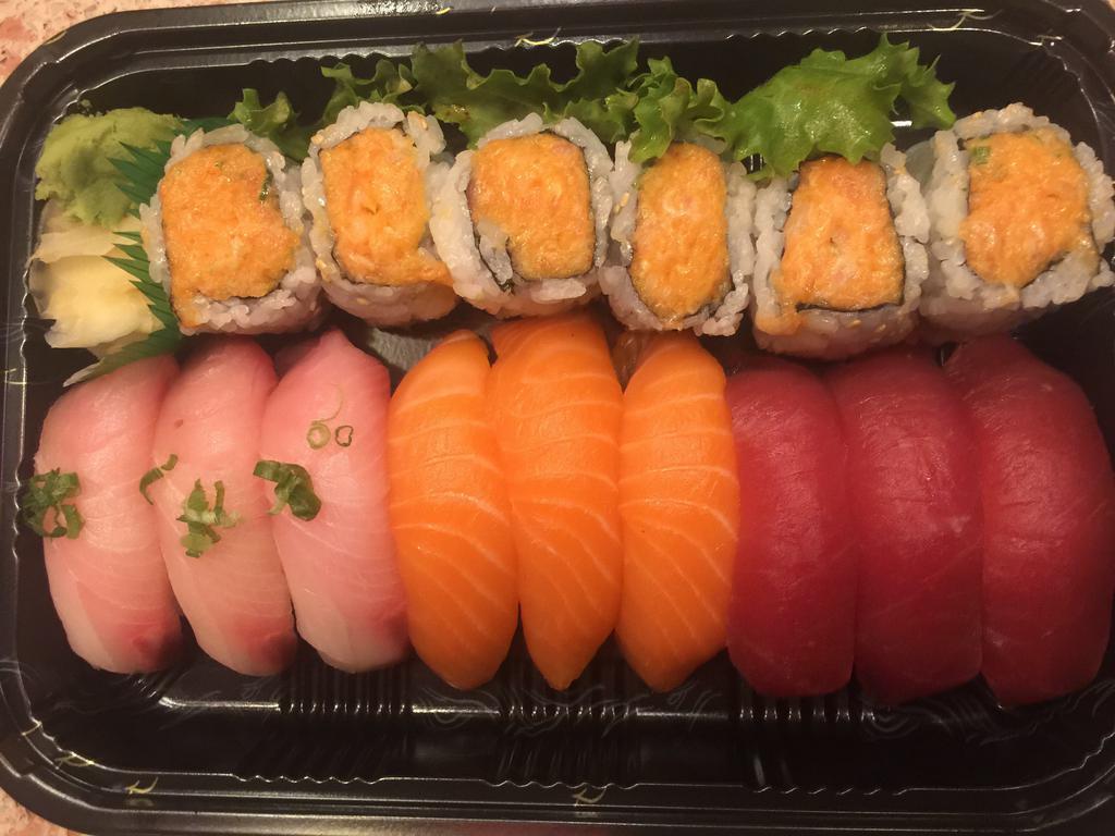 Triple Sushi · 3 pieces tuna, 3 pieces yellowtail, 3 pieces salmon and triple roll. Served with miso soup or salad.