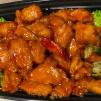 H2. General Tso's Chicken · Chunks of tender white chicken meat slightly breaded and fried. Cooked with brown spicy sauc...