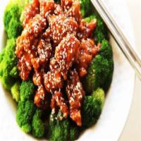 H3. Sesame Chicken · Chunks of tender white chicken slightly breaded and fried. Cooked with brown sweet sauce wit...