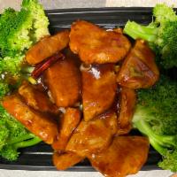 Vegetarian General Tso's Chicken · Served with white rice or brown rice. Hot and spicy.