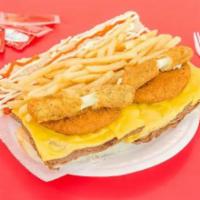 Fat Boy Sandwich · Cheese steak, chicken fingers, mozzarella sticks, french fries, lettuce, tomatoes, ketchup, ...