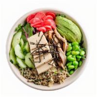 No Rice Poke Bowl  · Mixed Baby Greens, Quinoa, Cucumbers, Radish, Avocado, Tofu, Edamame, Pickled Mushrooms, Nap...