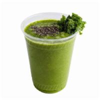 Green Machine Smoothie · Kiwi, green apple, spinach, kale, banana, matcha tea, cayenne pepper, ＆ lemon juice.