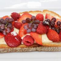 Romeo Toast · Strawberries, raspberries, grapes on top of toasted bread ＆ brie cheese.