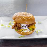 Krunchie Chicken Burger · Shredded lettuce, pickles, mayo, freshly fried krunchie chicken, yellow american cheese and ...