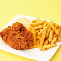 Clucking Basket · Two hot tenders with a side of seasoned fries 