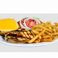 Chicken Burger · (Served w/, lettuce, tomato, Onions Pickle) (w/ Deluxe  French Fries)