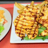 Grilled Chicken Breast · Served with, Rice, Salad, & French fries.