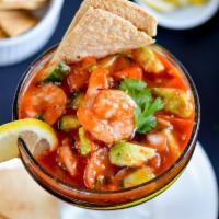 Mexican Shrimp Cocktail  · (Cocktail de camarones) fresh shrimp, cucumber, cilantro, onion, avocado, tomato, cilantro, ...