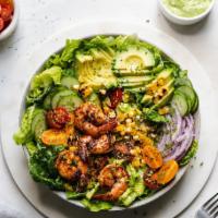 Romaine & Grilled Corn Salad · Romaine, grilled corn, cucumber, onion, tomato, pumpkin seeds, cilantro, avocado, citrus cre...