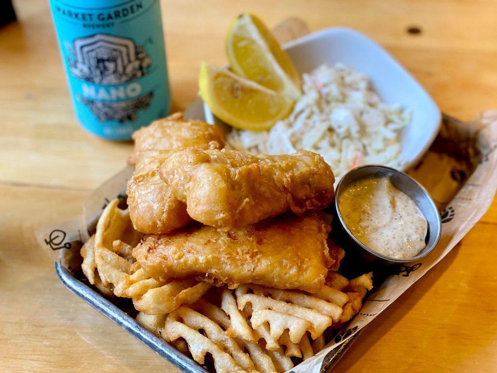 Fish & Chips  · Tilapia White fish coated with flour, fried to perfection with a side of waffle fries, coleslaw with homemade tater sauce for dipping.