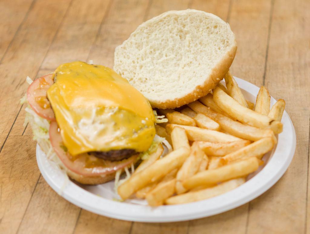 Cheeseburger Deluxe · burger topped with melted cheese, lettuce, tomatoes and side of french fries