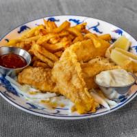 Fish & Chips · Egg battered filet of cod served with tartar sauce & french fries.
