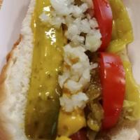 Chicago Dog Special · Mustard, relish, pickle, tomato, onion, pepperoni, and celery salt.
