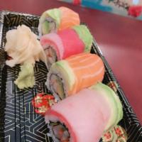 4. Rainbow Roll Special  · Salmon, tuna yellowtail, and white fish over California roll.

