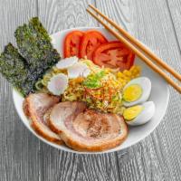 Tonkotsu Ramen · Slices pork, boiled egg, naruto, corn, green lettuce, seaweed, scallion, with tonkatsu or mi...